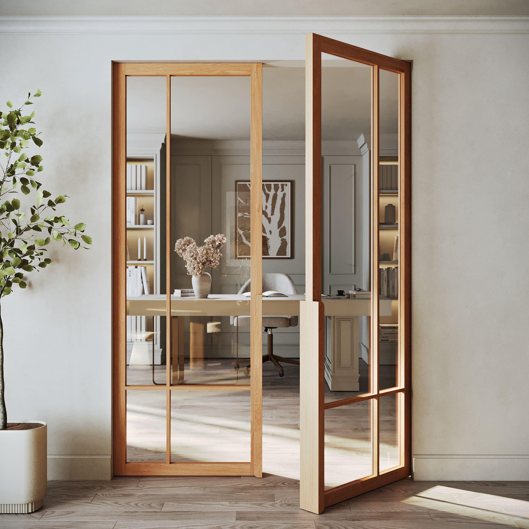 Sfeervolle woonkamer met een houten deur met glazen panelen