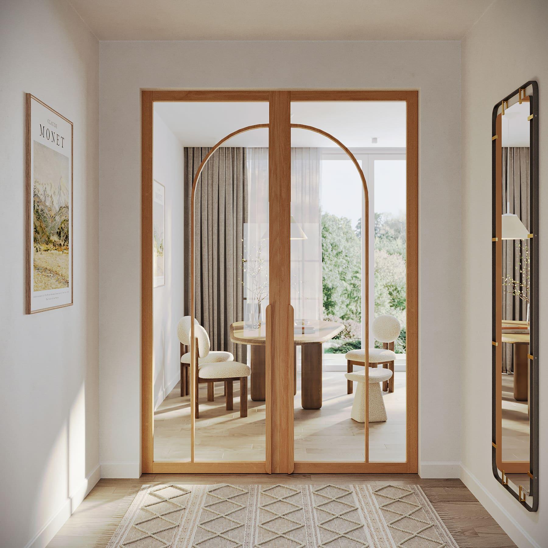 Double wooden door with transparent safety glass